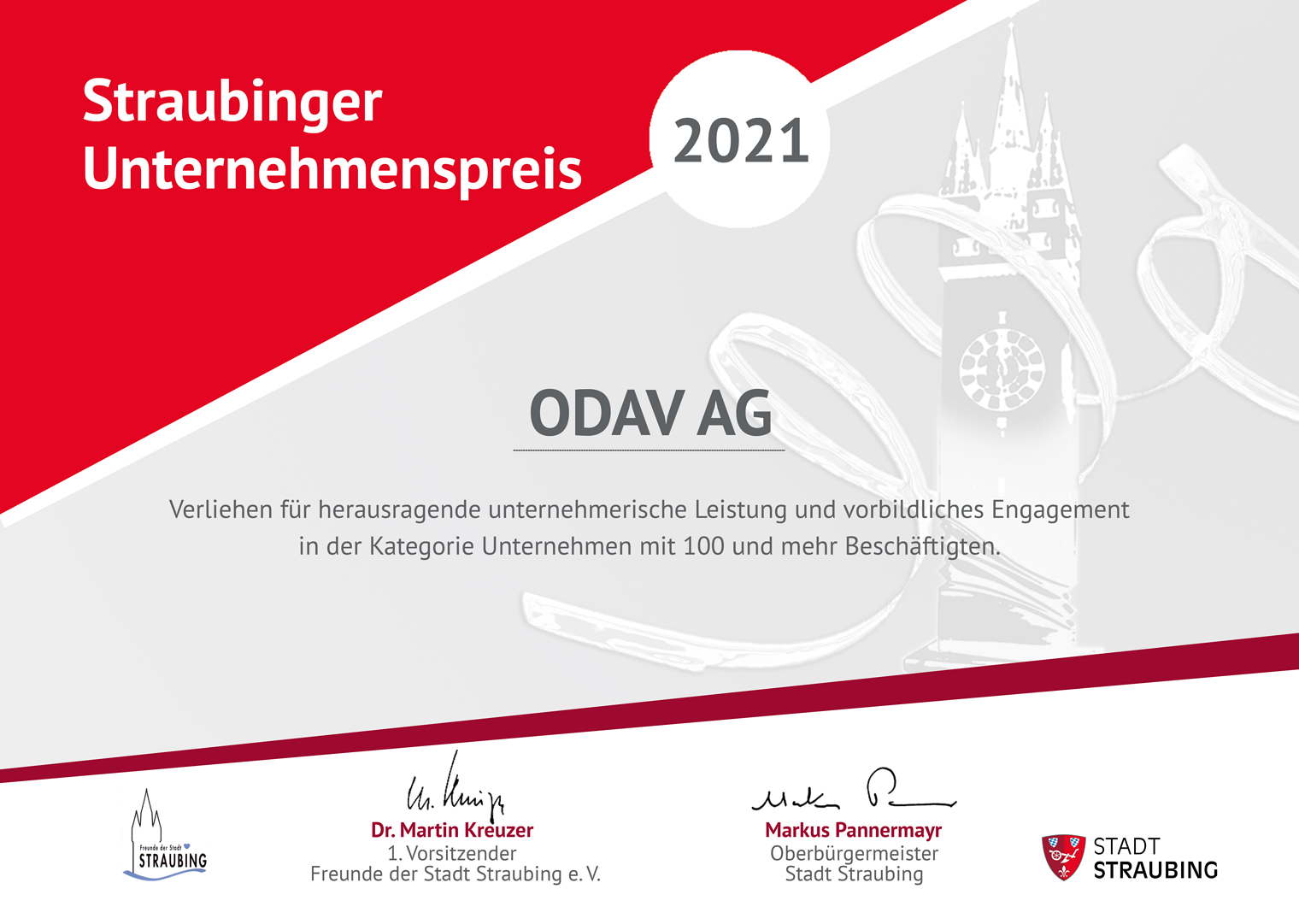 2021 Unternehmenspreis Urkunde ODAV